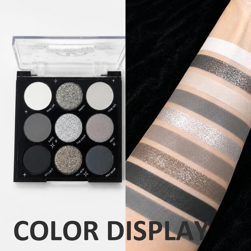 Smoky Grey Eyeshadow Palette Silver Glitter Cool-Toned Eye Makeup