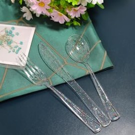 Supernal 360pcs Plastic Silverware,Clear Plastic Forks,Glitter Disposable Cutlery with Colorful Design