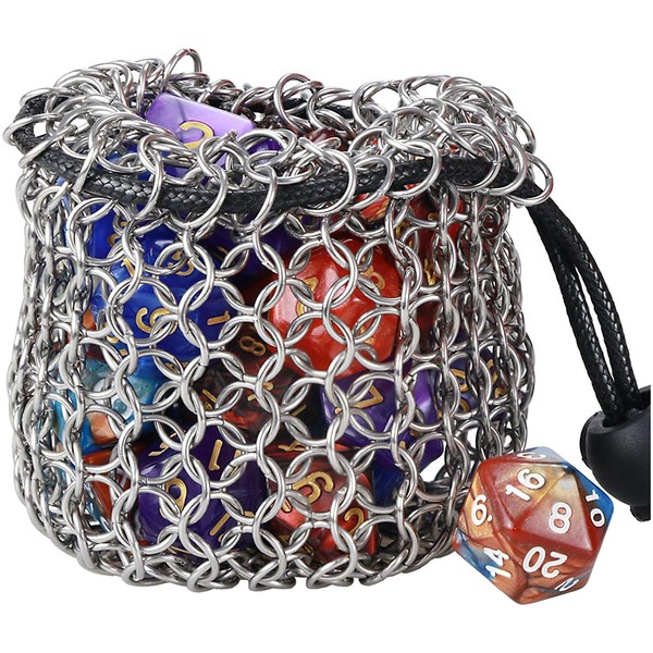 YOUSHARES Drawstring Game Dice Bag - Stainless Steel Chainmail DND Dice Pouch for Metal Polyhedral D&D Dice Set, Coin