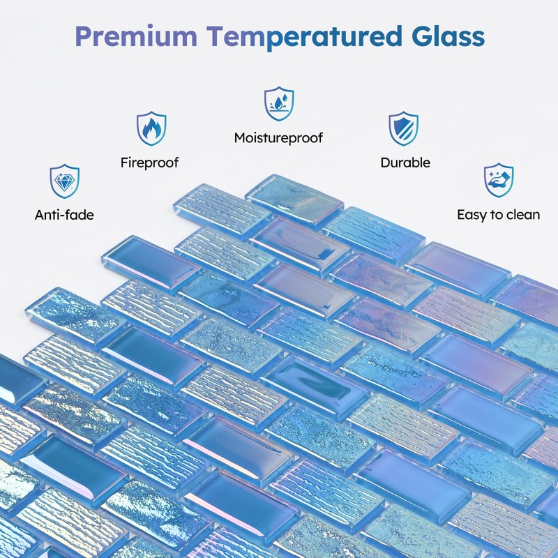 Diflart Glass Mosaic Tiles, Iridescent Blue, 1x2 Inch Brick, Glass
