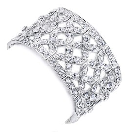 EVER FAITH Austrian Crystal Wedding Flower Wide Stretch Bracelet Clear for Girls Women, Crystal