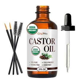 BodyJ4You Organic Castor Oil - 100% Pure Natural Cold Pressed USDA Certified Organic - Hexane Free Unrefined Non GMO - Lashes & Eyebrow Kit Mascara Tube Brush Wand Hydrating Oil - Glass Bottle 2oz