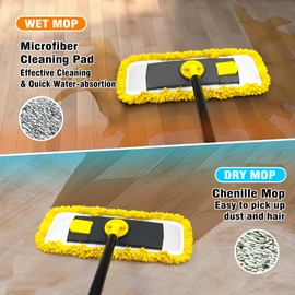 Dolanx Dust Mop with Microfiber & Chenille Pads, Dry Wet Flat Mop for Cleaning Hard Wood Laminate Tile Vinyl Kitchen Bathroom Home (Yellow)