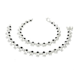 Duel On Jewel Silver-Plated Bell Anklet Pair with Black Round Accents, 10-Inch Beach & Everyday Comfort Fit Payal Jhanjar Ghungroo Foot Jewelry – Perfect for Gifts, Bridal, Dance & Party Occasions