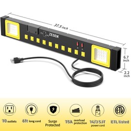 Heavy Duty Metal 10 Outlets Long Power Strip with LED Worklight, Black