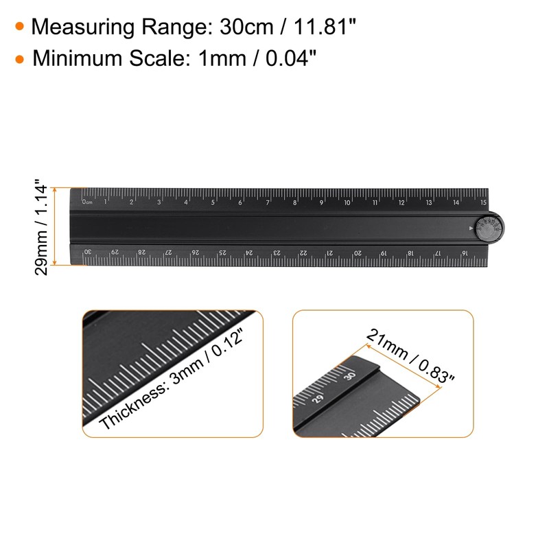 sourcing map Folding Straight Ruler 30cm Metric Aluminum Alloy Protractor