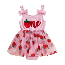 Emmababy Baby Girl Strawberry Romper Dress Smocked Tutu Bodysuit Fruit Overalls Strawberry Birthday Outfit Summer Clothes (15 Pink, 12-18 Months)
