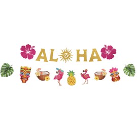 Hawaiian Aloha Party Decorations, Glittery Aloha Banner Sign Tropical Theme Hawaiian Party Decorations Luau Party Supplies Favor for Summer Beach Pool Birthday Party Decor