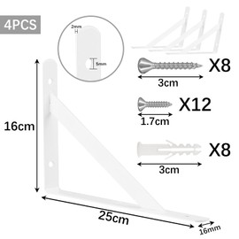 ANDCHI Shelf Bracket, L-Shaped, Set of 4, Wall Mounting, Shelf Bracket, Angle Bracket, L-Shaped Shelf Bracket, Hanging Shelf Bracket, Screw Included, 9.8 x 6.3 x 0.6 inches (250 x 160 x 16 mm), White