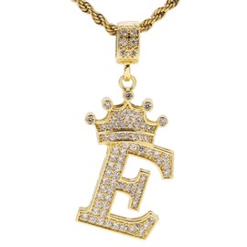 UALGL A-Z Letters Necklace Crown Necklace for Men Women 18K Gold Plated Letters Pendants with 23'' Chain Hip Hop Alphabet Name Jewelry Mom Gifts (Yellow-E)