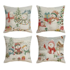 Christmas Pillow Covers，Throw Pillow Case Set of 4 Winter Linen Beige Snowman Father Christmas Christmas Trees Gift Cushion Pillow Cover, Christmas Xmas Cushion Cover Decorations Home Decor-45 * 45cm