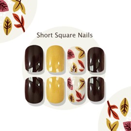 24 Pcs Short Square Press on Nails Autumn Winter Nails Yellow Brown Fake Nails with Leaves Design Thanksgiving False Nails Artificial Acrylic Nails Press ons Reusable Glue on Nails for Women