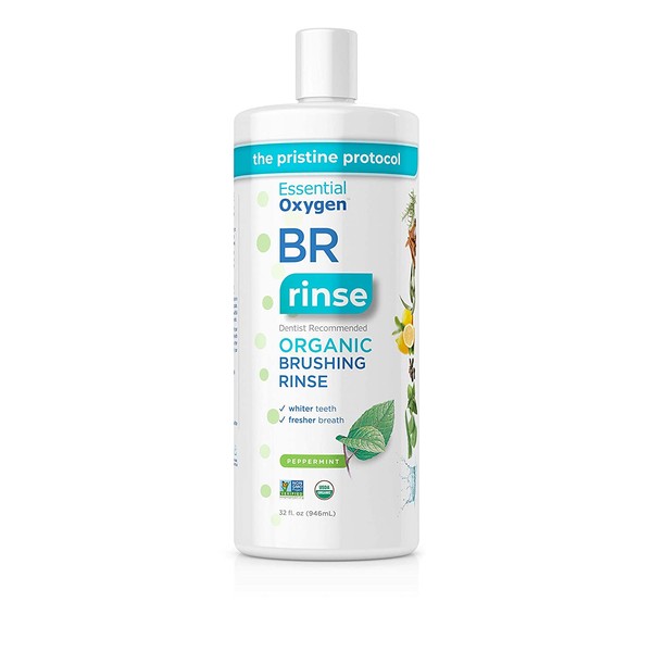 Essential Oxygen BR Certified Organic Brushing Rinse, All Natural Mouthwash for Whiter Teeth, Fresher Breath, and Happier Gums, Alcohol-Free Oral Care, Peppermint, Refill, 32 Ounce
