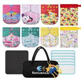 Reusable Washable Cloth Diapers 6pcs for Baby Shower,Leak-Proof Double Gussets Quick-Dry AWJ Lining,12 Soft Fleece Inserts & 2 Wet Bags,Packed in Durable Travel Handbag&Key Chain | G-02-A