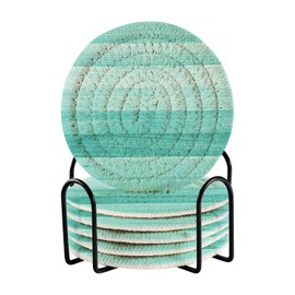 Bar Coaster for Drinks, Coil Woven Coasters Holder Pad 3.94 in Diameter for Mugs Thickness of 0.24 in with Metal Rack Print Teal or Turquoise Green Painted Wood Texture