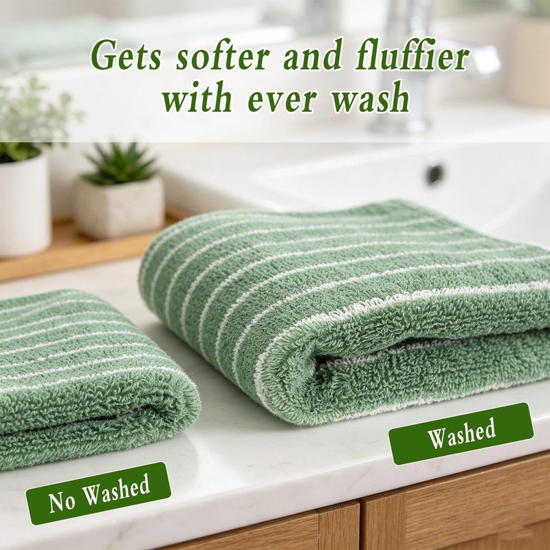 CODOHI 3 Pack Green and White Striped Hand Towels 100%