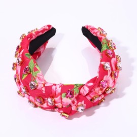 ZITULRY Rhinestone Knotted Headbands for Women,Heart Crystal Embellished Floral Printed Wide Top Knot Hairband Flower Women's Fashion Headbands Garden Party Hair Hoop Hair Accessories