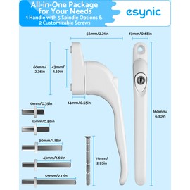 eSynic 4pack Universal Window Handles for UPVC with 5 Multi-Size Spindles & Cuttable Screws 360° Rotation Lockable PVC Window Handle with Key White Aluminum Ergonomic Espag Replacement Handle