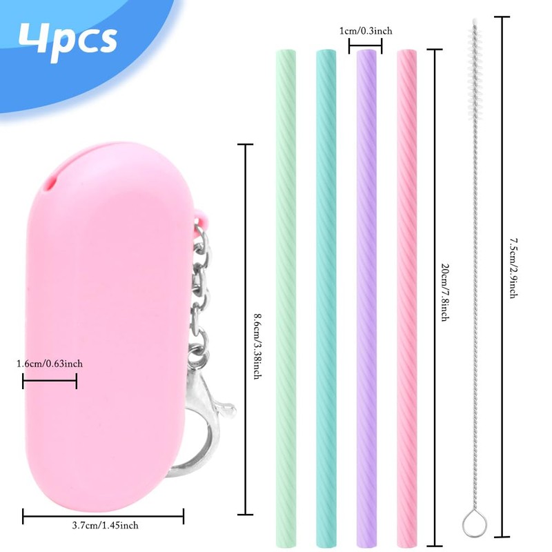 4-Pack Reusable Silicone Straws With Case & Cleaning Brush -