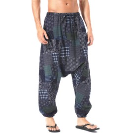 AITFINEISM Men's Causal Harem Pants Loose Drawstring Aladdin Boho Hippie Drop Crotch Trousers (Medium, New Blue)
