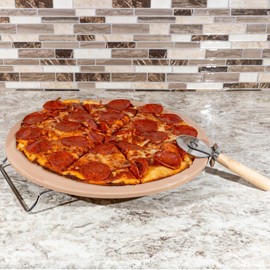 Pizza Stone - 15-Inch Pizza Stone for Oven or Grill with Pizza Cutter and Metal Serving Rack/Handles - Pizza Oven Accessories by Classic Cuisine