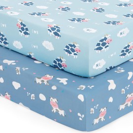 Yukkidds Pack and Play Sheets Fitted Mini Crib Sheets for Pack N Play Mattress Stretchy Sheet for Playpen and Playard Bedding Soft Breathable 2 Pack Blue Cow