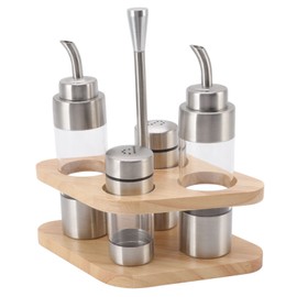 Salt and Pepper Shakers, Olive Oil and Vinegar Dispenser Set with Wood Holder Glass Spice Dispenser for Home Kitchen Restaurant
