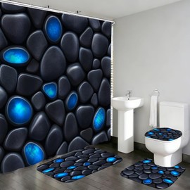 4Pcs Stone Shower Curtain Set with Toilet Lid Cover and Non-Slip Rugs for Bathroom, Blue Glow Stone Bathroom Decor Set Shower Curtain with 12 Hooks
