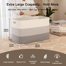 OIAHOMY 118L Extra Large Blanket Basket, Rectangle Woven Cotton Rope Storage Basket, Used for storing Dirty Clothes, Stuffed Animal Toy Storage for Living Room,Kids Room,25" x 17" x 16", Gradient Grey