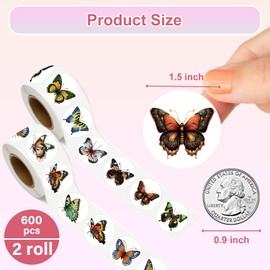 UVUXO 600 PCS Butterfly Stickers Rolls for Kids -Round1.5 Inch 16 Styles Butterfly Kindergarten Stickers Teacher Stickers for Kids Birthday Party School Reward Giveaways