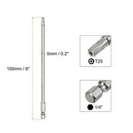 TA-VIGOR 1Pcs T25 Torx Head Screwdriver Bits 1/4 Inch Hex Shank, 150mm Long S2 Steel Magnetic Tamper Proof Star Security Torx Bits with Hole for Impact Driver Drill Bits Hand Tools