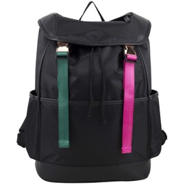 FUEL Drawstring Water Resistant Multi-Pocket Travel Backpack Daypack Everyday Bag With Double Metal Buckle Closure, Black/Emerald Green/Hot Pink