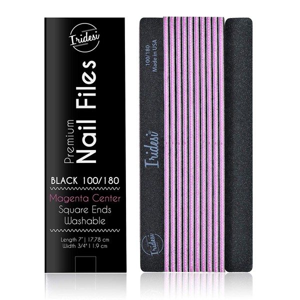 Professional Nail Files Black Washable Emery Boards 7 Inches Long Square End Serrated Edge 12 Fingernail Files Per Pack (100/180)