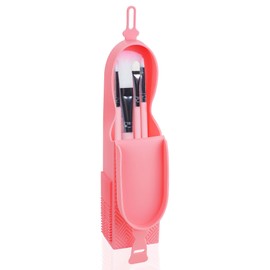 Biiange Makeup Brush Holder, Pink Silica gel Brushes Holder, Portable Cosmetic Brushes Holder for Travel, Makeup Tools Organizer for Women (Pink, Brush not included)