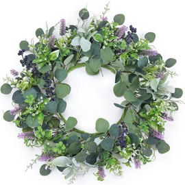 Dremisland Eucalyptus Wreath for Front Door 22” Artificial Lavender Wreath Fake Floral with Berries Spring Summer Faux Green Leaf Welcome Wreath Garland Decor for Window Porch Farmhouse Garden