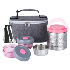 Lille Home Portable Insulated Lunch Box Set with Stainless Steel Cutlery, vacuum lunch box, to Keep Food Warm or Cool, Two Containers for Fruits and Sauces, Durable and Leak-Proof(Pink)