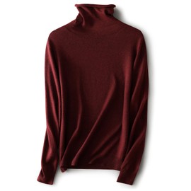 Ciovkis Women's Merino Wool Blend Sweater Fall Winter Turtleneck Long Sleeve First-Line Ready to Wear Seamless Knit Sweater (Dark Red,L)