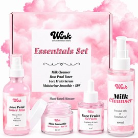 Wink Skin Care Kit for Teens |Botanical Facial Milk Cleanser for Women & Twins 4-Piece Set with Rose Petal Toner Face Fruit Serum & SPF Moisturizer Mom-Approved / 청소년용 윙크 스킨 케어 키트 | 여자 및 쌍둥이용 식물성 페이셜 밀크 클렌저 로즈 꽃잎 토너 페이스 프루트 세럼 & SPF 모이스처라이저가 포함된 4피스 세트 엄마가 승인한
