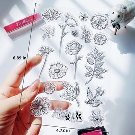 Spring Floral Flower Clear Stamps Silicone Stamp Cards with Sentiments, Leaves Blossom Transparent Seal Stamps for Holiday Card Making Decoration and DIY Scrapbooking Album DIY Crafts