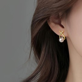 SLUYNZ Sterling Silver CZ X Cuff Earrings Studs for Women Pearls Ear Cuffs Earrings Piercings (B-Gold)