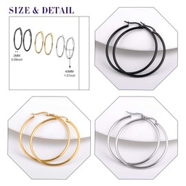 Feilok Earrings Set for Women Stainless Steel Round Folding Basic Large Hoop Earrings Huggie Hoop Earrings Hoop Folding Hoop Earrings 30 mm Gold/Black/Silver, 3 Pairs, Stainless Steel