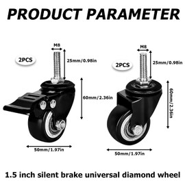 Nizirioo 4 pieces quiet furniture castors: heavy duty castors 2 with brakes and 2 without brakes, M8 transport castors for transport castors / castors for equipment, swivel castors for furniture,