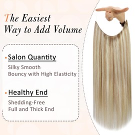 Full Shine Invisible Wire Hair Extensions Real Human Hair Honey Blonde Highlight Beach Blonde Fish Line Hair Extensions Blonde Highlights Crown Hair Extensions Straight Secret Extensions 14inch 70g