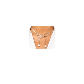 Jumwrit Boho Bow Choker Necklace Pearl Pendant Necklace Silver Snake Chain Necklace Dainty Bow Tie Necklace for Women