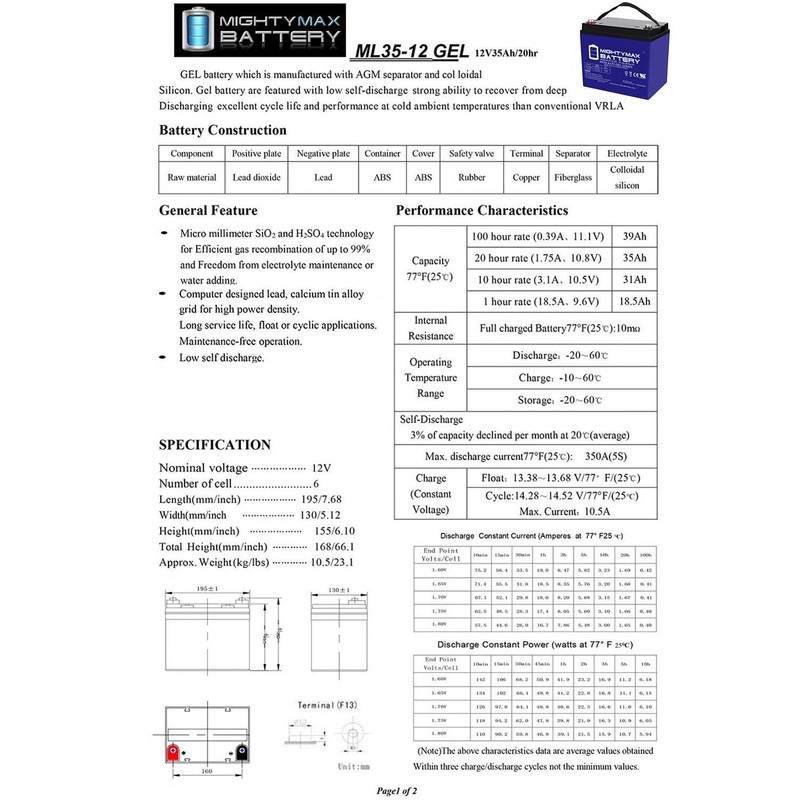 ML35-12GEL - 12 Volt 35 AH, GEL Type, Internal Thread
