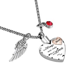 Norya Cremation Urn Necklace Comes With Angel Wing And 12 Birthstones Ashes Jewelry Heart Memorial Pendant, Metal