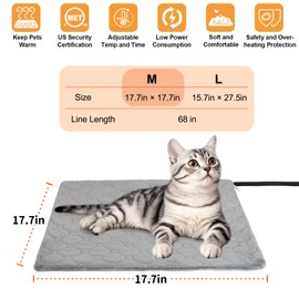 Pet Heating Pad for Cats & Dogs Indoor Outdoor, Warming Cat Heating Pad with Chew Resistant Cord, Adjustable Temperature & Time, Heated Cat Bed Mat Waterproof for Cats Small Dogs, 17.7'' × 17.7''