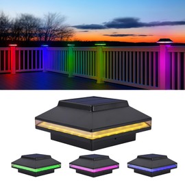 MOON-DE-AGE Deck Lights Solar Powered, RGB Color Changing & Warm White Post Lights for 4x4 Wood Fence Posts, IP65 Waterproof Outdoor Post Cap with RGB LED (4 Pack)