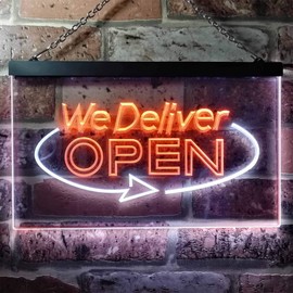 We Delivery Open Dual Color LED Neon Sign White & Orange 12" x 8.5" st6s32-i0028-wo