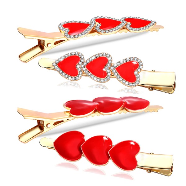 Valentine’s Day Hair Clips Sparkly Rhinestone Enamel Cupid Heart Hairpins for Women Girls Sweet Romantic Triple Love Alligator Clips Barrettes Pretty Styling Hair Accessory Party Gifts (4 packs) (A:2 Pairs(rhinestone+enamel))